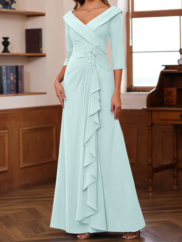 Sheath/Column V-Neck 3/4 Length Sleeves Floor-Length Unique Mother of the Bride Dresses with Ruffles & Appliques