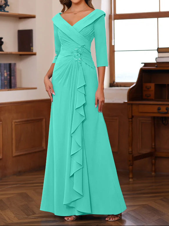 Sheath/Column V-Neck 3/4 Length Sleeves Floor-Length Unique Mother of the Bride Dresses with Ruffles & Appliques