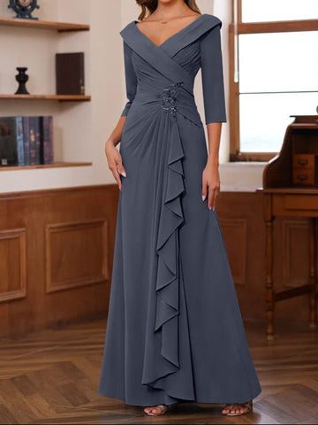 Sheath/Column V-Neck 3/4 Length Sleeves Floor-Length Unique Mother of the Bride Dresses with Ruffles & Appliques