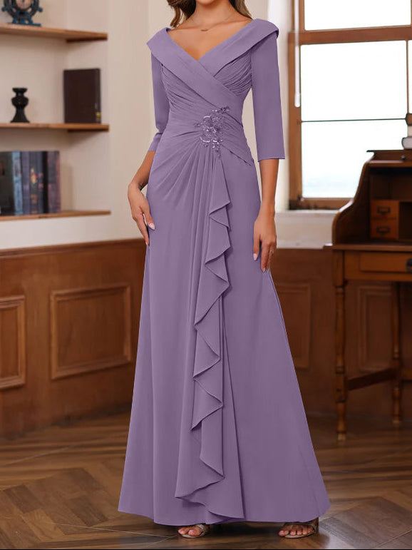 Sheath/Column V-Neck 3/4 Length Sleeves Floor-Length Unique Mother of the Bride Dresses with Ruffles & Appliques