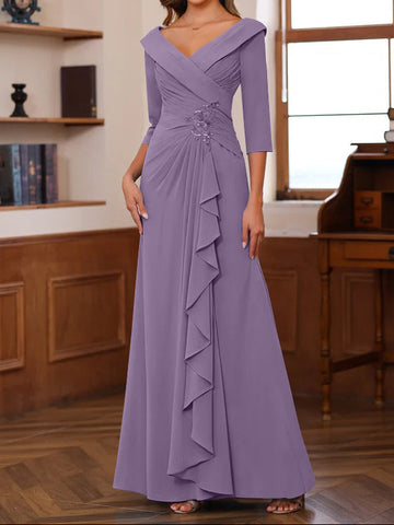 Sheath/Column V-Neck 3/4 Length Sleeves Floor-Length Unique Mother of the Bride Dresses with Ruffles & Appliques