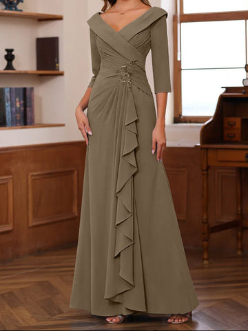Sheath/Column V-Neck 3/4 Length Sleeves Floor-Length Unique Mother of the Bride Dresses with Ruffles & Appliques