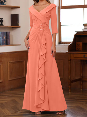 Sheath/Column V-Neck 3/4 Length Sleeves Floor-Length Unique Mother of the Bride Dresses with Ruffles & Appliques