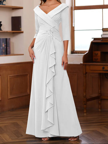Sheath/Column V-Neck 3/4 Length Sleeves Floor-Length Unique Mother of the Bride Dresses with Ruffles & Appliques
