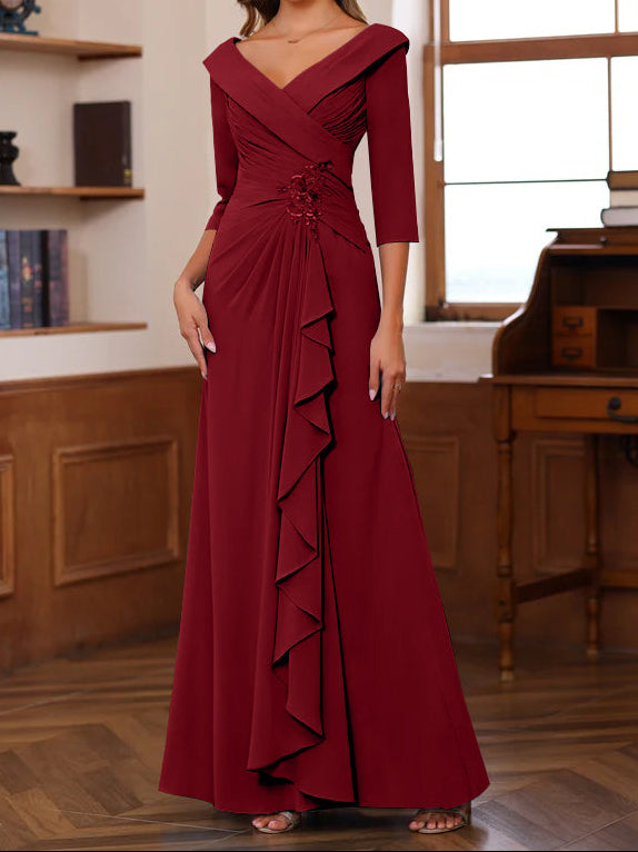 Sheath/Column V-Neck 3/4 Length Sleeves Floor-Length Unique Mother of the Bride Dresses with Ruffles & Appliques