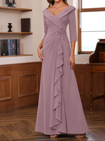 Sheath/Column V-Neck 3/4 Length Sleeves Floor-Length Unique Mother of the Bride Dresses with Ruffles & Appliques