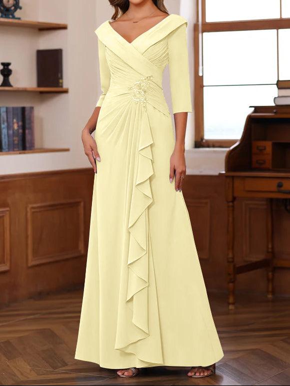 Sheath/Column V-Neck 3/4 Length Sleeves Floor-Length Unique Mother of the Bride Dresses with Ruffles & Appliques