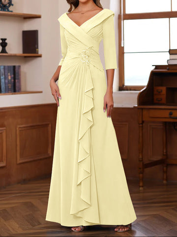 Sheath/Column V-Neck 3/4 Length Sleeves Floor-Length Unique Mother of the Bride Dresses with Ruffles & Appliques