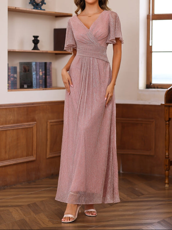 A-Line/Princess V-Neck Short Sleeves Ankle-Length Unique Mother of the Bride Dresses with Ruffles