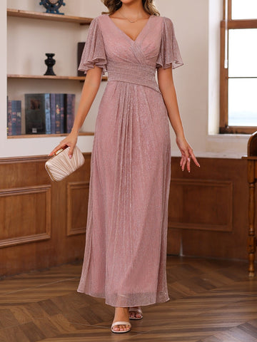 A-Line/Princess V-Neck Short Sleeves Ankle-Length Unique Mother of the Bride Dresses with Ruffles