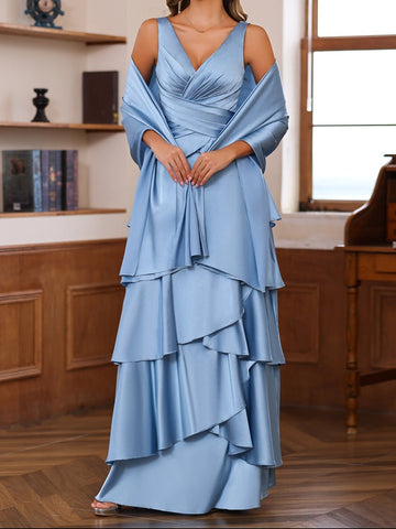 A-Line/Princess V-Neck Sleeveless Floor-Length Mother of the Bride Dresses With Ruffles & Wrap