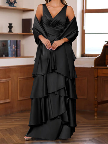 A-Line/Princess V-Neck Sleeveless Floor-Length Mother of the Bride Dresses With Ruffles & Wrap