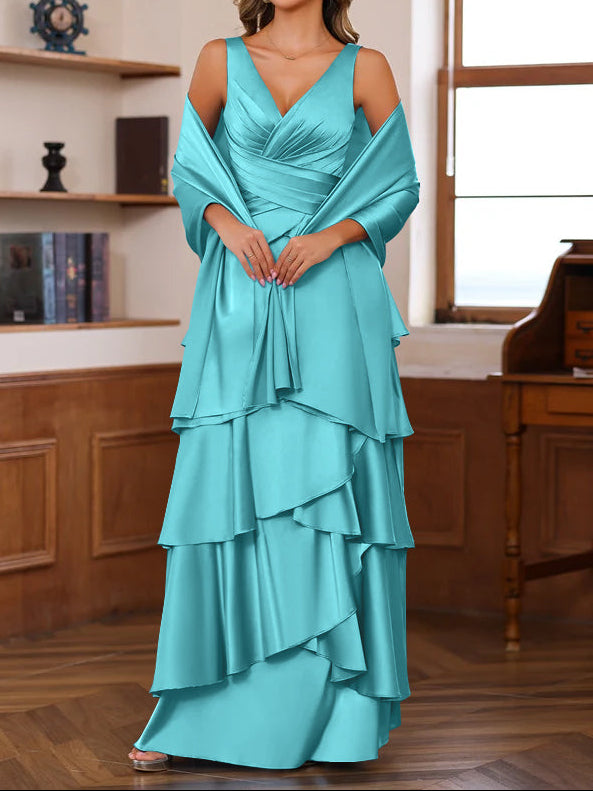 A-Line/Princess V-Neck Sleeveless Floor-Length Mother of the Bride Dresses With Ruffles & Wrap