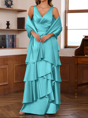 A-Line/Princess V-Neck Sleeveless Floor-Length Mother of the Bride Dresses With Ruffles & Wrap
