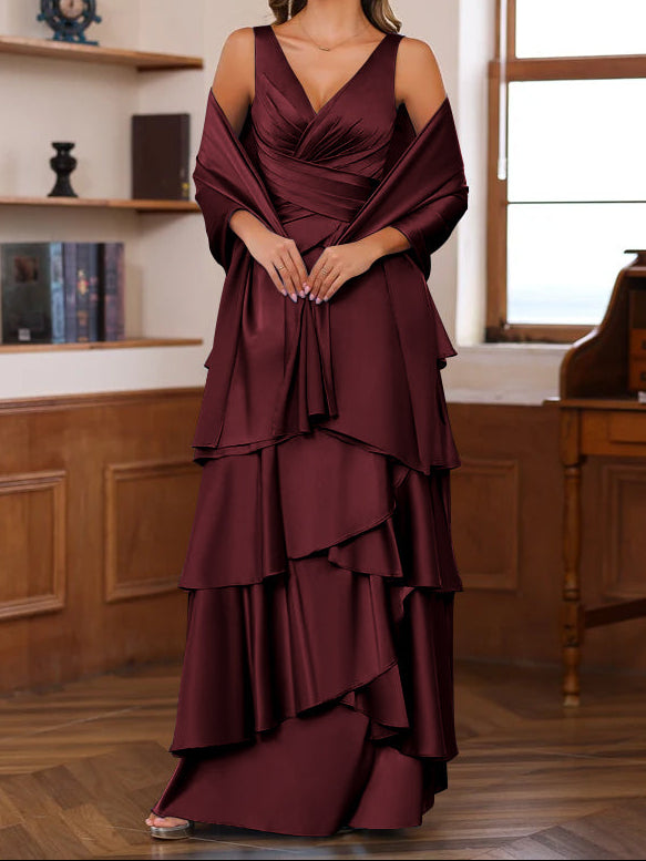 A-Line/Princess V-Neck Sleeveless Floor-Length Mother of the Bride Dresses With Ruffles & Wrap