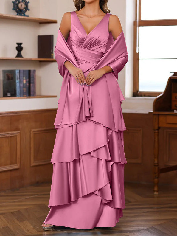 A-Line/Princess V-Neck Sleeveless Floor-Length Mother of the Bride Dresses With Ruffles & Wrap