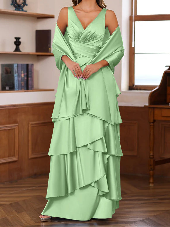 A-Line/Princess V-Neck Sleeveless Floor-Length Mother of the Bride Dresses With Ruffles & Wrap