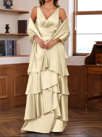 A-Line/Princess V-Neck Sleeveless Floor-Length Mother of the Bride Dresses With Ruffles & Wrap