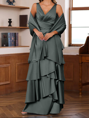 A-Line/Princess V-Neck Sleeveless Floor-Length Mother of the Bride Dresses With Ruffles & Wrap