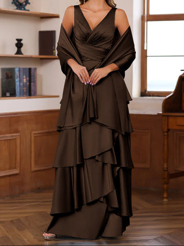 A-Line/Princess V-Neck Sleeveless Floor-Length Mother of the Bride Dresses With Ruffles & Wrap