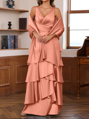 A-Line/Princess V-Neck Sleeveless Floor-Length Mother of the Bride Dresses With Ruffles & Wrap