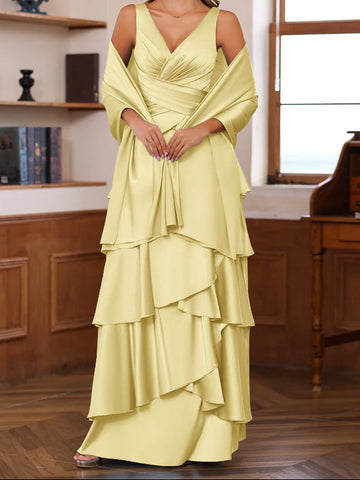 A-Line/Princess V-Neck Sleeveless Floor-Length Mother of the Bride Dresses With Ruffles & Wrap