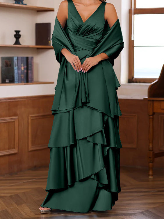 A-Line/Princess V-Neck Sleeveless Floor-Length Mother of the Bride Dresses With Ruffles & Wrap