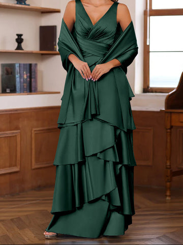 A-Line/Princess V-Neck Sleeveless Floor-Length Mother of the Bride Dresses With Ruffles & Wrap