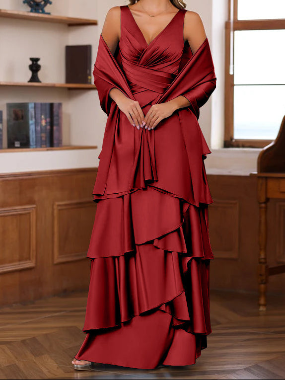 A-Line/Princess V-Neck Sleeveless Floor-Length Mother of the Bride Dresses With Ruffles & Wrap
