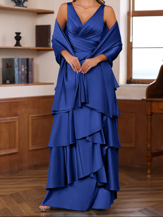 A-Line/Princess V-Neck Sleeveless Floor-Length Mother of the Bride Dresses With Ruffles & Wrap