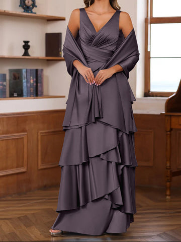 A-Line/Princess V-Neck Sleeveless Floor-Length Mother of the Bride Dresses With Ruffles & Wrap
