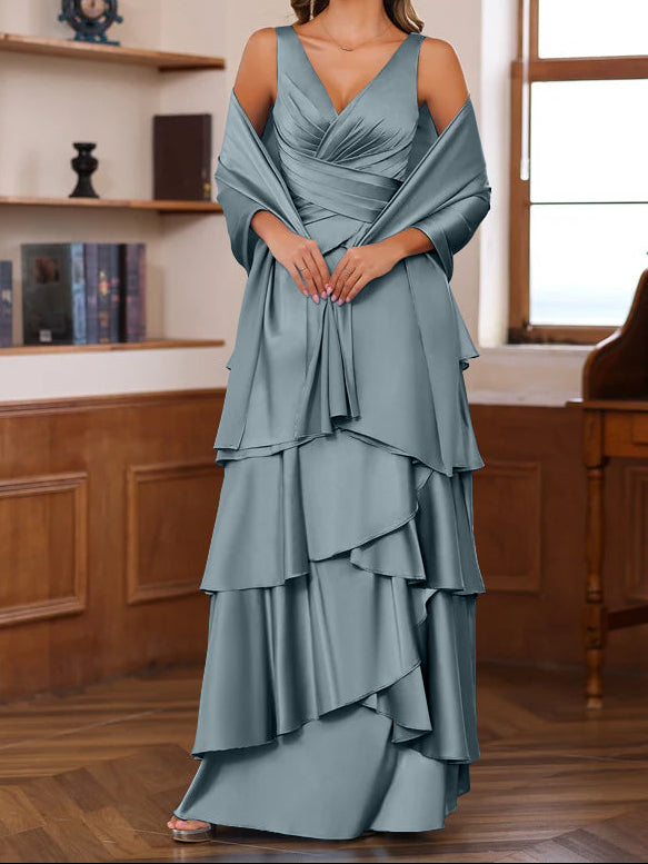 A-Line/Princess V-Neck Sleeveless Floor-Length Mother of the Bride Dresses With Ruffles & Wrap