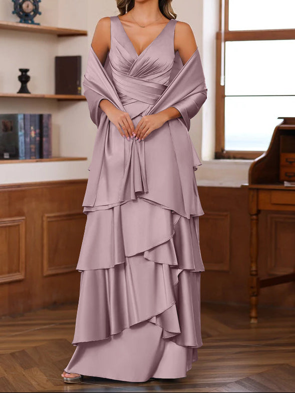 A-Line/Princess V-Neck Sleeveless Floor-Length Mother of the Bride Dresses With Ruffles & Wrap