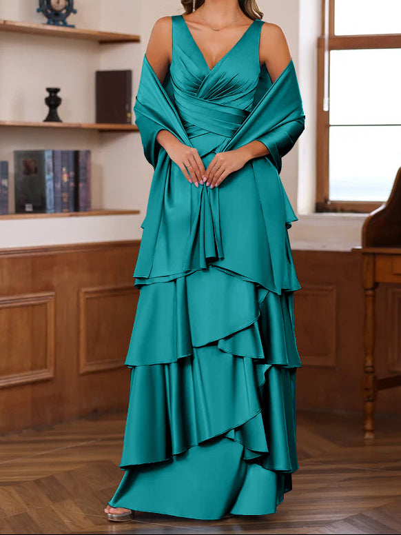 A-Line/Princess V-Neck Sleeveless Floor-Length Mother of the Bride Dresses With Ruffles & Wrap
