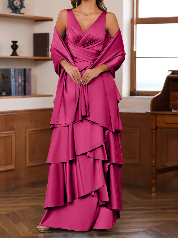 A-Line/Princess V-Neck Sleeveless Floor-Length Mother of the Bride Dresses With Ruffles & Wrap
