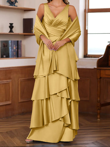 A-Line/Princess V-Neck Sleeveless Floor-Length Mother of the Bride Dresses With Ruffles & Wrap
