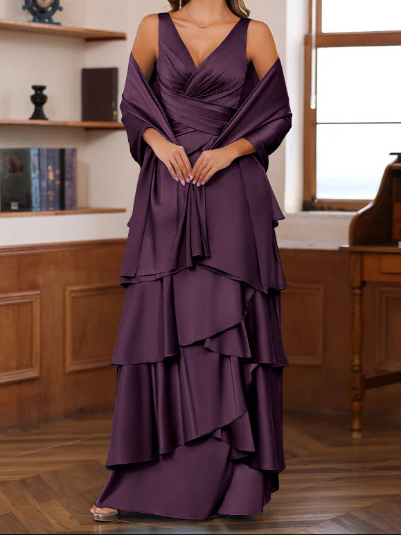 A-Line/Princess V-Neck Sleeveless Floor-Length Mother of the Bride Dresses With Ruffles & Wrap