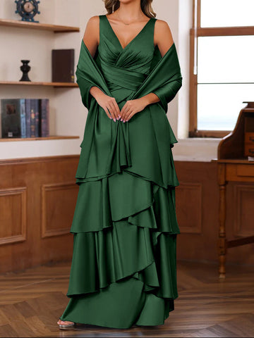 A-Line/Princess V-Neck Sleeveless Floor-Length Mother of the Bride Dresses With Ruffles & Wrap