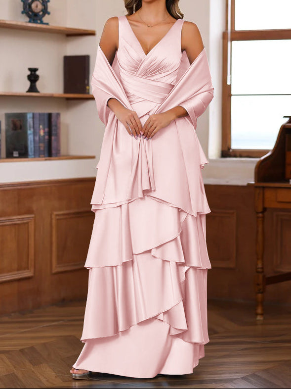 A-Line/Princess V-Neck Sleeveless Floor-Length Mother of the Bride Dresses With Ruffles & Wrap