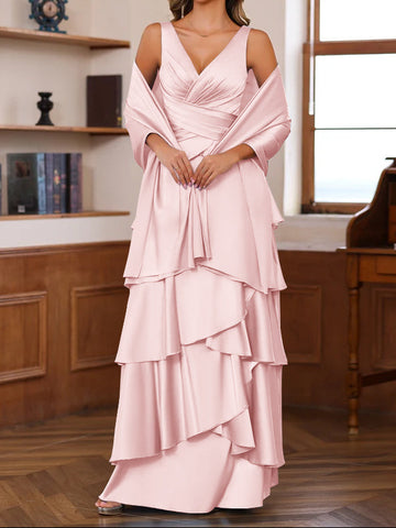 A-Line/Princess V-Neck Sleeveless Floor-Length Mother of the Bride Dresses With Ruffles & Wrap