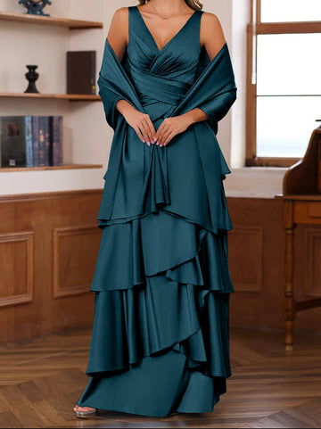 A-Line/Princess V-Neck Sleeveless Floor-Length Mother of the Bride Dresses With Ruffles & Wrap