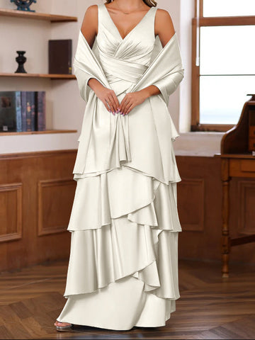 A-Line/Princess V-Neck Sleeveless Floor-Length Mother of the Bride Dresses With Ruffles & Wrap