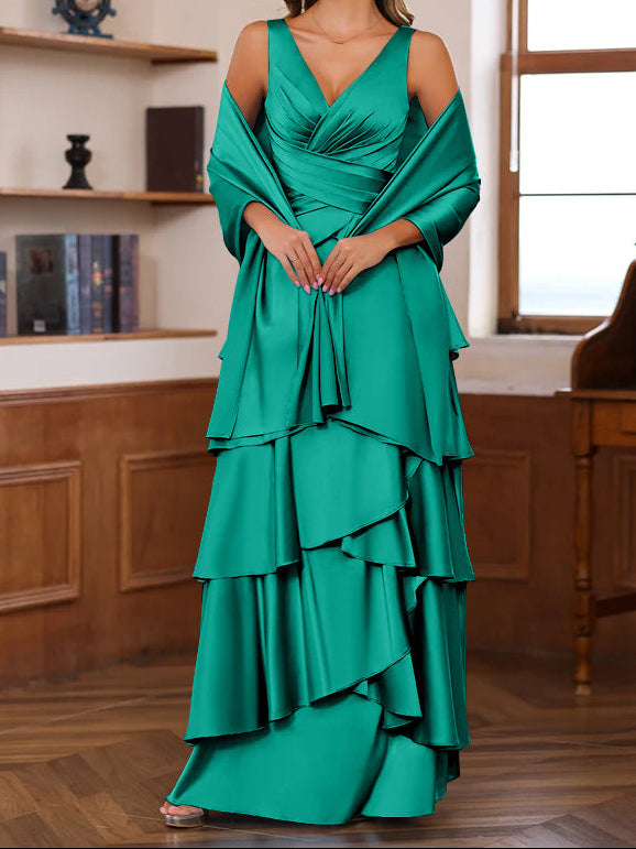 A-Line/Princess V-Neck Sleeveless Floor-Length Mother of the Bride Dresses With Ruffles & Wrap