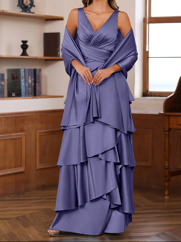 A-Line/Princess V-Neck Sleeveless Floor-Length Mother of the Bride Dresses With Ruffles & Wrap