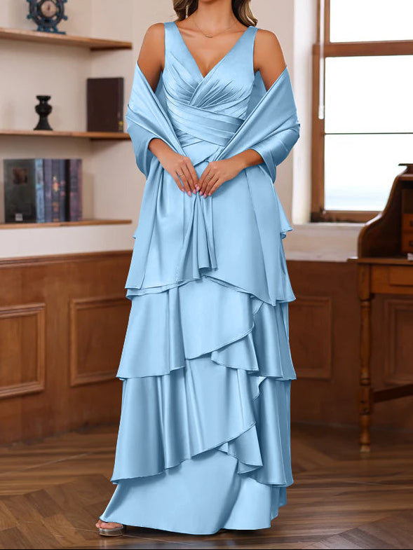 A-Line/Princess V-Neck Sleeveless Floor-Length Mother of the Bride Dresses With Ruffles & Wrap