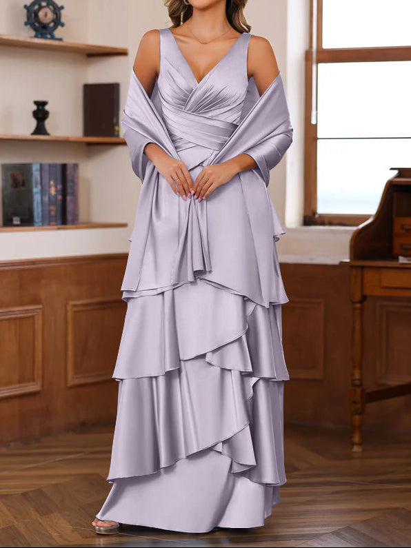 A-Line/Princess V-Neck Sleeveless Floor-Length Mother of the Bride Dresses With Ruffles & Wrap