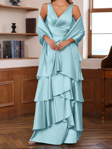A-Line/Princess V-Neck Sleeveless Floor-Length Mother of the Bride Dresses With Ruffles & Wrap