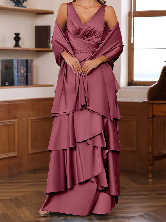 A-Line/Princess V-Neck Sleeveless Floor-Length Mother of the Bride Dresses With Ruffles & Wrap