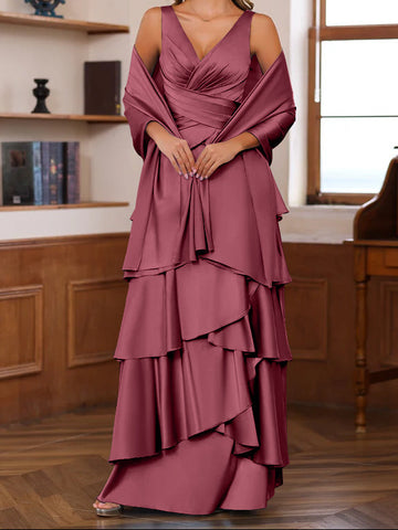 A-Line/Princess V-Neck Sleeveless Floor-Length Mother of the Bride Dresses With Ruffles & Wrap