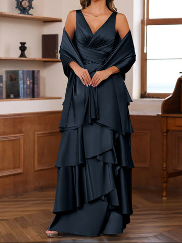 A-Line/Princess V-Neck Sleeveless Floor-Length Mother of the Bride Dresses With Ruffles & Wrap